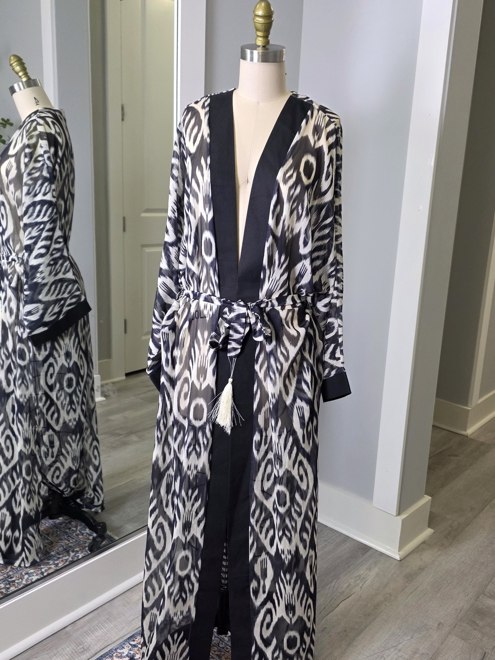 Elegant Chiffon Black & White Printed Long Robe with Tassel Belt